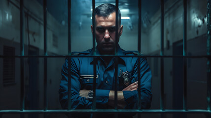 Prison guard standing watch in a correctional facility hallway - obrazy, fototapety, plakaty