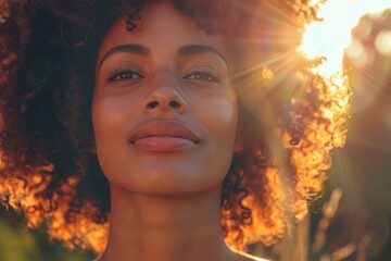 A sun-flare portrait of a woman with radiant skin, a serene smile, and lush curly hair backlit by the sun