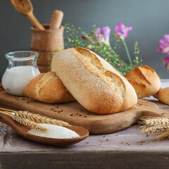 Rustic Bakery Delight: Aromatic Bread and Wheat Displayed on Wood