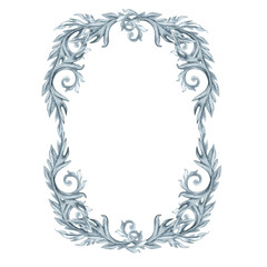 Watercolor monochrome gray oval frame of abstract plant patterns and branches with leaves for borders, frames, background, textiles, fabrics, cards, stickers, scrapbooking, invitations, greetings