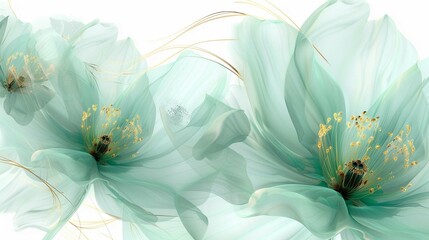Soft mint green petals, blossom flower flowers swirls gold painted lines, isolated on white...