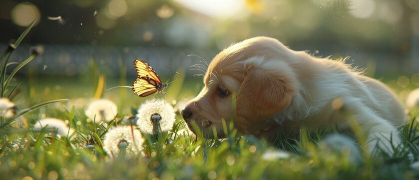 Fototapeta A curious puppy, possibly a Cocker Spaniel or a mix, fixates on a colorful butterfly perched on a fuzzy dandelion seed head.