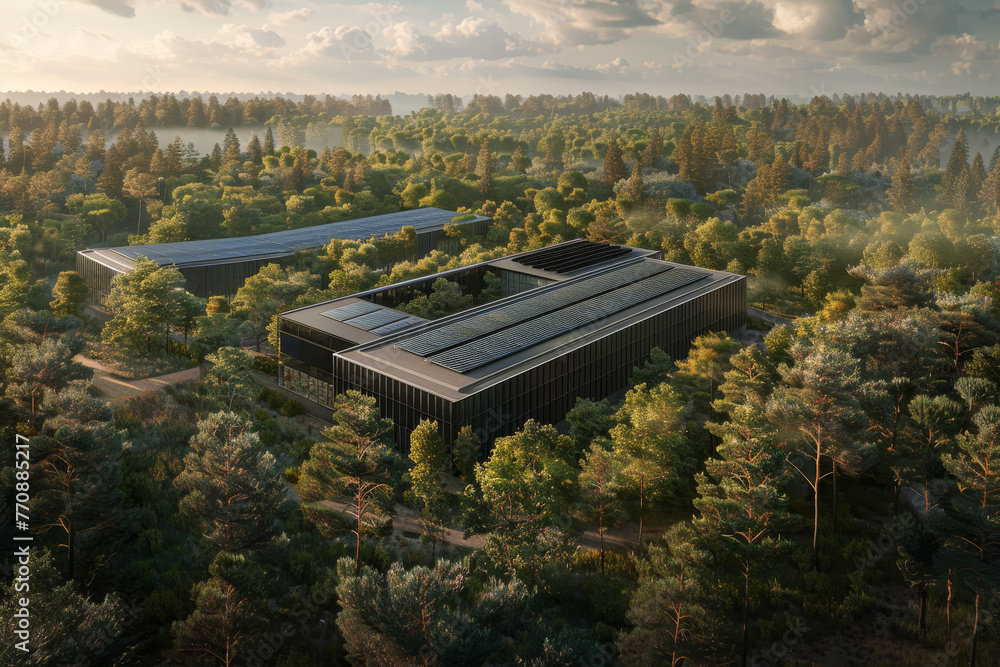 Poster a large building surrounded by trees and a forest