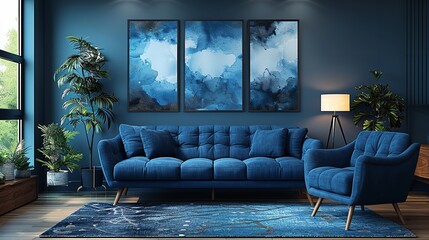 Recliner chair and dark blue sofa in a Scandinavian apartment. Generative Ai