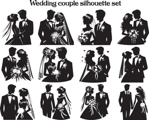 Wedding couple silhouette set vector design