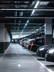 Modern underground parking with parked cars, illuminated by bright LED lights.