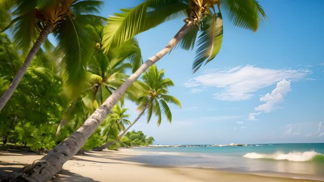 Tropical beach with palm trees and white sand, Seychelles, AI Generated