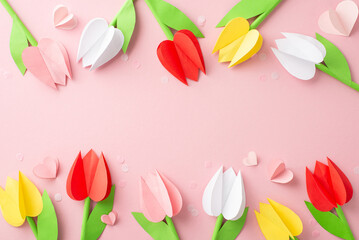 Mother's Day sentiment with DIY charm. Overhead shot of origami tulips, chamomiles, and love hearts...