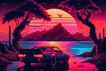 Retro Car on a Sunset Landscape, Embracing the romantic 80s cinematic synth-wave aesthetic.