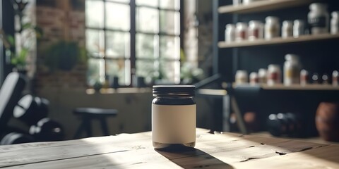 Promoting Sports Nutrition for Bodybuilding: Mockup Jar of Creatine Monohydrate Powder in a Gym Setting. Concept Sports Nutrition, Bodybuilding, Creatine Monohydrate, Gym Setting, Product Mockup