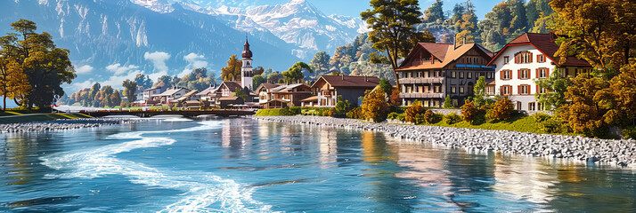 Naklejka premium Picturesque European Lake: A Charming Village Nestled Among the Alps, Evoking the Timeless Beauty and Cultural Richness of European Landscapes