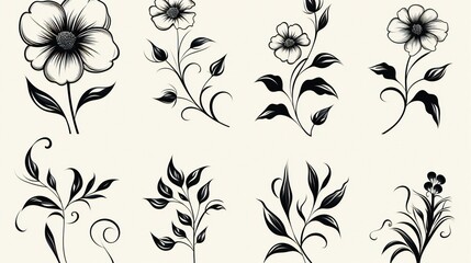 set of black vector illustration of flower - obrazy, fototapety, plakaty