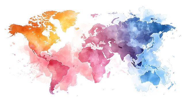Colorful water color world map on canvas background