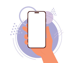 Hand holding mobile vertically in flat style