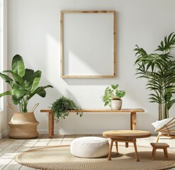 An empty square frame on the wall in a living room, with white walls and wood furniture