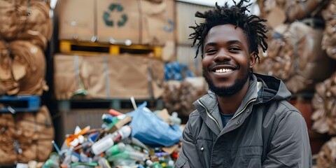 Promoting Environmental Awareness: African American Man at Recycling Center with Piles of Materials. Concept Environmental Awareness, African American, Recycling Center, Materials, Promoting Action - obrazy, fototapety, plakaty