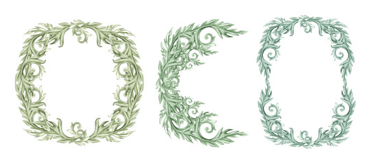 Watercolor monochrome green round frame of abstract plant patterns and branches with leaves for borders, frames, background, textiles, fabrics, cards, stickers, scrapbooking, invitations, greetings