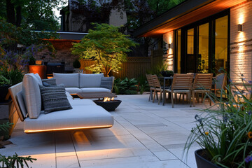 Fototapeta premium A patio with a fire pit and a dining table with chairs