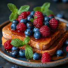 French cinnamon toast with blueberries, raspberries, maple syrup and coffee. morning breakfast ai technology