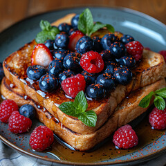 French cinnamon toast with blueberries, raspberries, maple syrup and coffee. morning breakfast ai technology