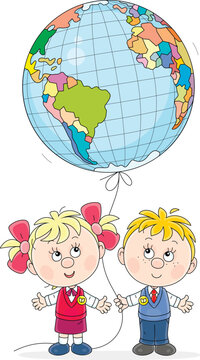 Funny little schoolboy and schoolgirl with a big balloon globe at a geography lesson in elementary school, vector cartoon illustration on a white background