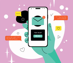 Vector illustration of a hand holding a mobile phone with an unread message icon in vibrant vaporwave 90s style colors.