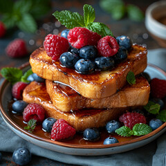 French cinnamon toast with blueberries, raspberries, maple syrup and coffee. morning breakfast ai technology