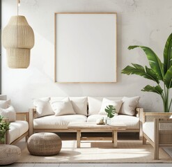 An empty square frame on the wall in a modern living room, with wood furniture and white walls featuring a single plant