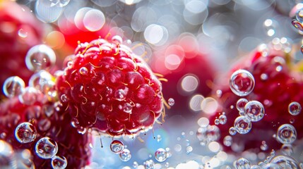 Fresh raspberries falling in water, Background concept