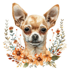 cute chihuahua with flower wreath vector illustration in watercolour style