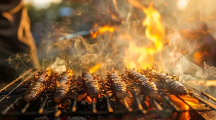 Tasty grilled locust insects on table with smoke and flames - obrazy, fototapety, plakaty