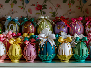 Colorful and handmade wrapped Easter eggs. The eggs come in various sizes and colors, each adorned...