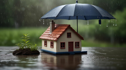 Concept\ of home insurance House covered with umbrella .Generative AI