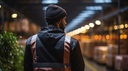 Fototapeta premium A young African American warehouse worker wearing a beanie looks out at the rows of shelves in the warehouse