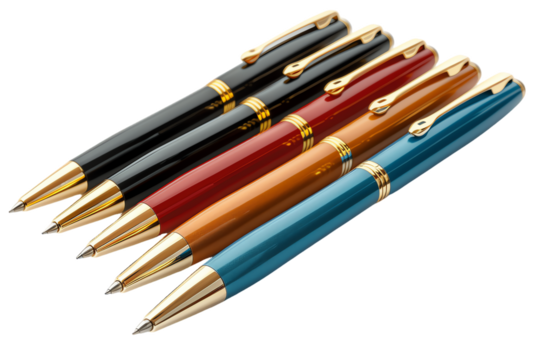 Colorful pens in a rainbow of colors splay across a white desk, ready for drawing and design