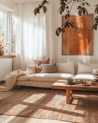 An interior of an open plan living room with white sofa, wooden coffee table and window with sheer curtains, featuring earthy tones, natural light, and a warm color palette