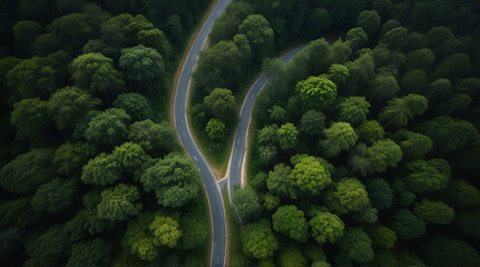 Aerial top view beautiful curvy road on green forest .Generative AI
