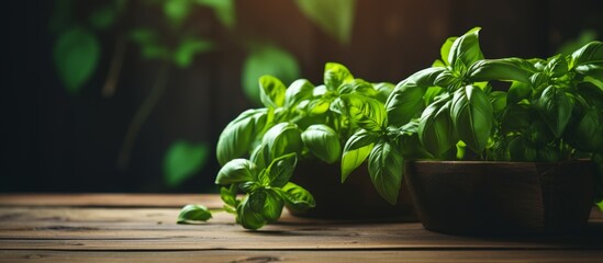 Several basil plants arranged on a wooden table, adding a touch of greenery to the indoor space. The aromatic herbs contrast beautifully with the wood flooring
