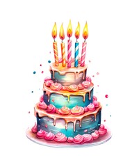 Watercolor illustration of a colored birthday cake with five candles isolated on white background.