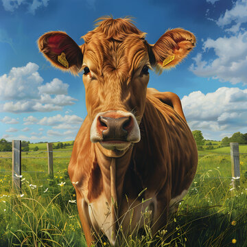 Beautiful Rustic Depiction of Jersey Cow Grazing in Traditional Countryside Farm