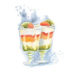 Fruit dessert, sketch, illustration drawn in watercolor on paper