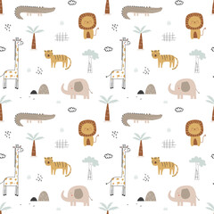 Safari Animal Seamless Pattern for Kids and Babies  with Lion, Giraffe, Elephant, Tiger Isolated on White Background for Fabric, Wrapping, Packaging, Textile, Wallpaper, Nursery Decor etc.