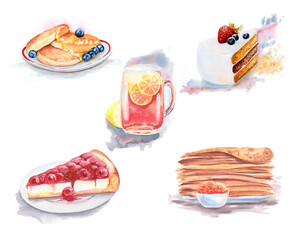 A set of pictures with food, a sketch, an illustration drawn in watercolors on paper