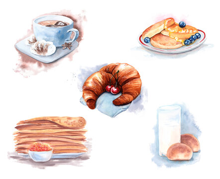 A set of pictures with food, a sketch, an illustration drawn in watercolors on paper