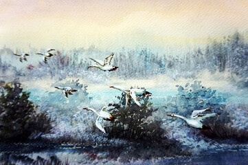 hand painted original impressionism art watercolor painting  many teal flying together    
