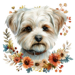 cute maltese with flower wreath vector illustration in watercolour style