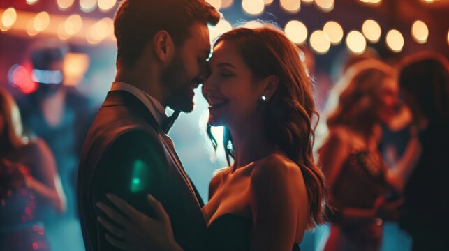 Romantic, lovely affectionate couple embracing and dancing a slow dance at a ball or prom, with other couples dancing in the background.