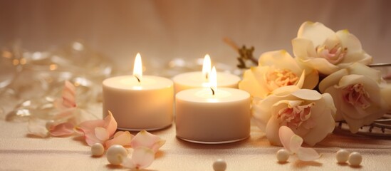 Three elegant candles and fresh flowers adorn the table, creating a cozy ambiance for the event. The sweet fragrance of wax fills the air, enhancing the exquisite cuisine and artistic interior design