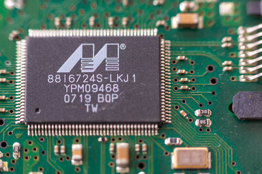 Timisoara, Romania - January 25, 2020: Close-up of a Marvell Semiconductor  88i6724S-LKJ1 integrated circuit. Electronic components