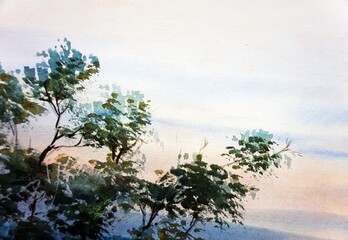 brush stroke Original watercolor painting  leaf tree background for design	